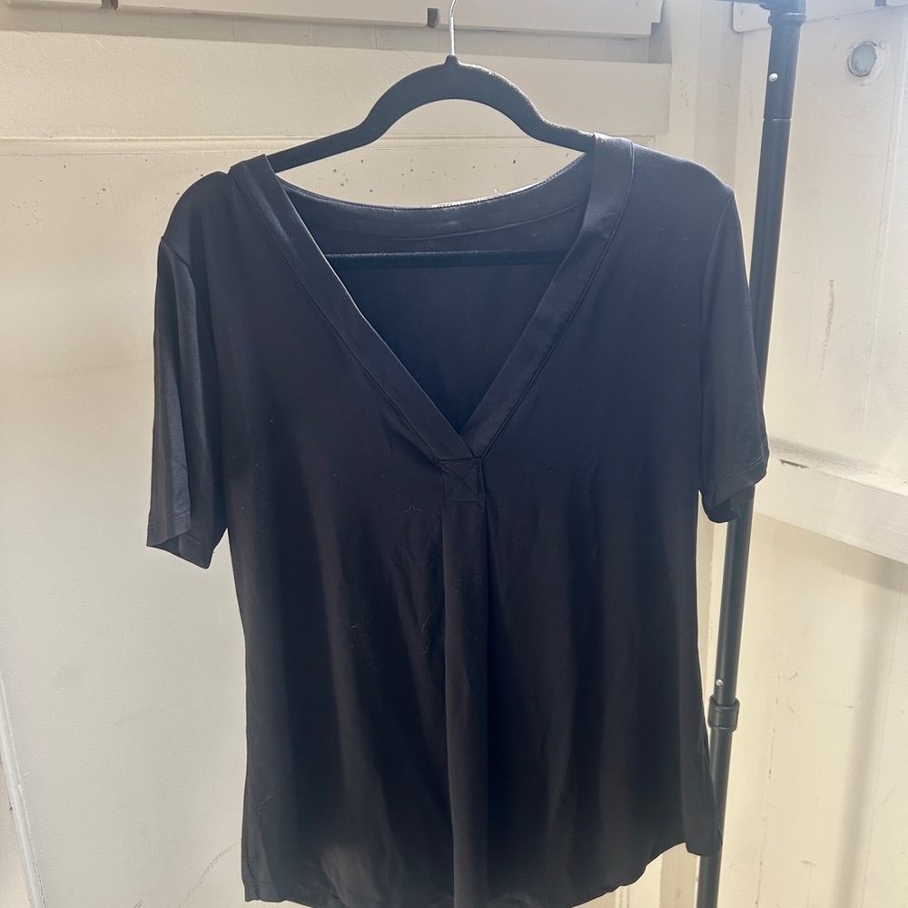 Black Pleat Front V-Neck with Satin Neckline